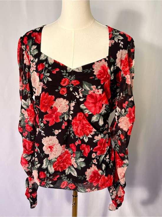 Maurices Tops - Black Red Floral Mesh Ruched Sweetheart Top XXL Whimsigoth Cottagecore